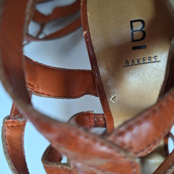 Y2K Bakers platform sandals strappy tan cognac leather cork caged chunky heels - Picture 9 of 12